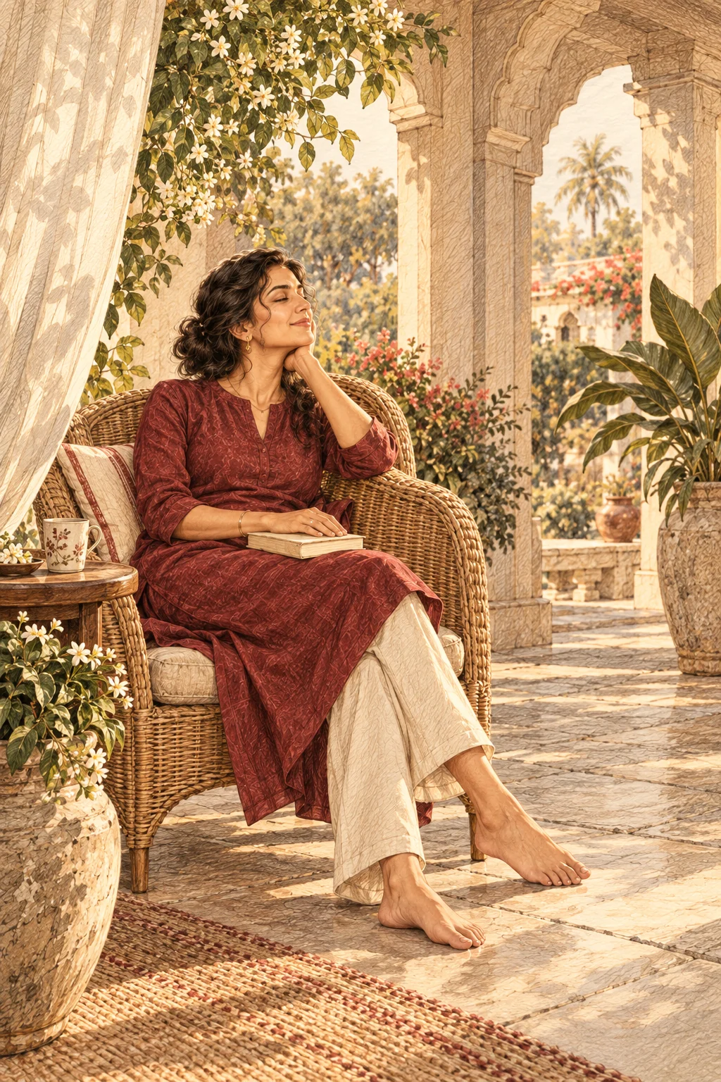 An illustrated woman resting with a book on a quiet garden veranda