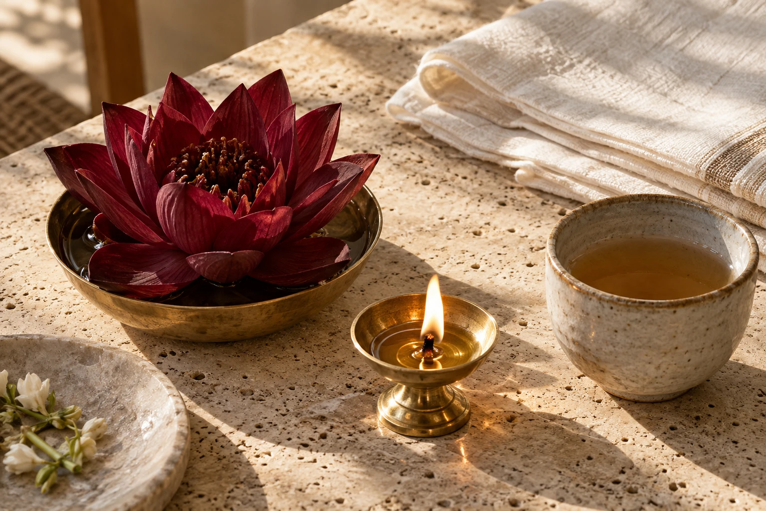 Pink lotus flowers, lamplight and a slow cup of tea