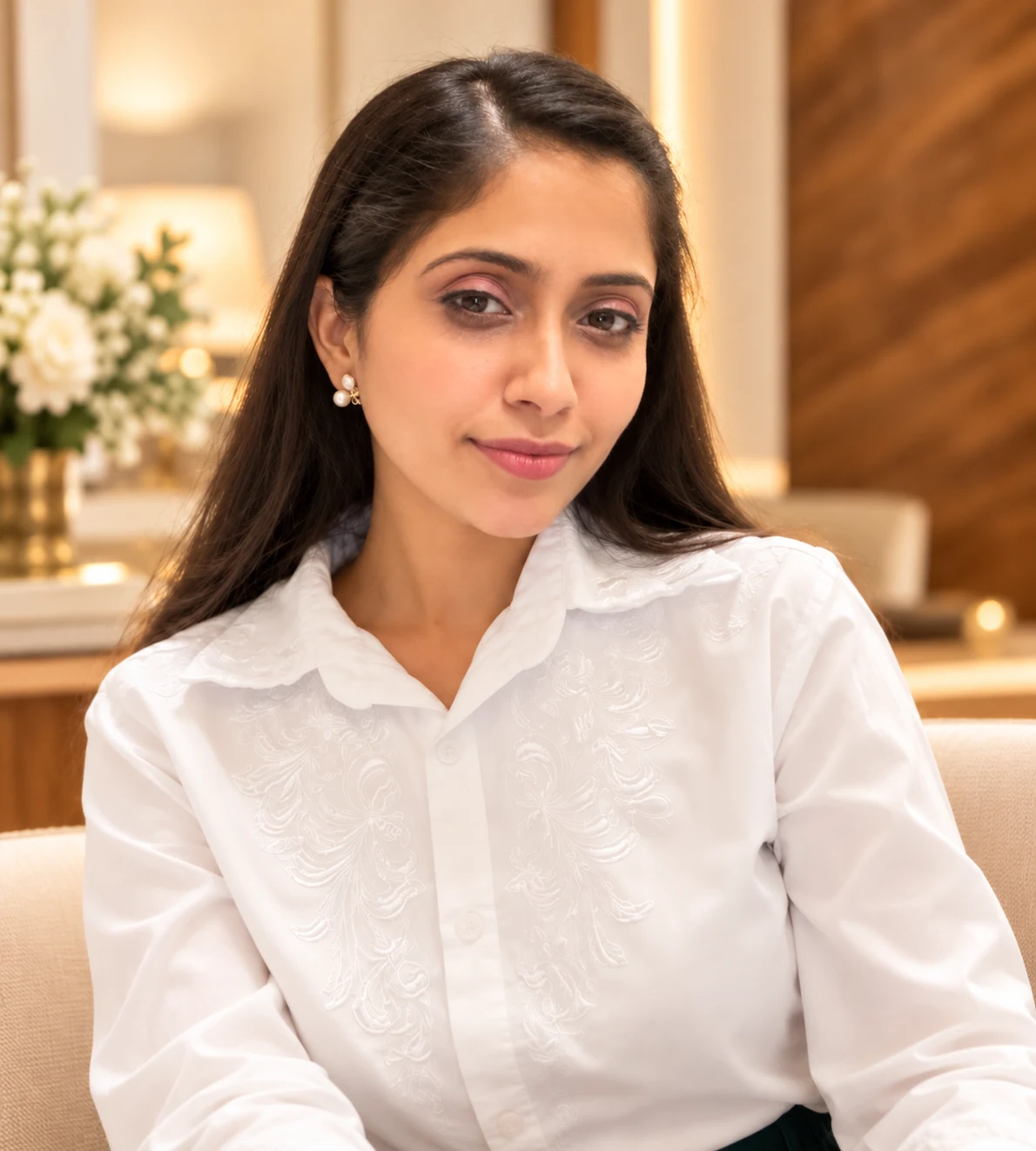 Radhika, founder of Raya Vira, wearing a white embroidered shirt